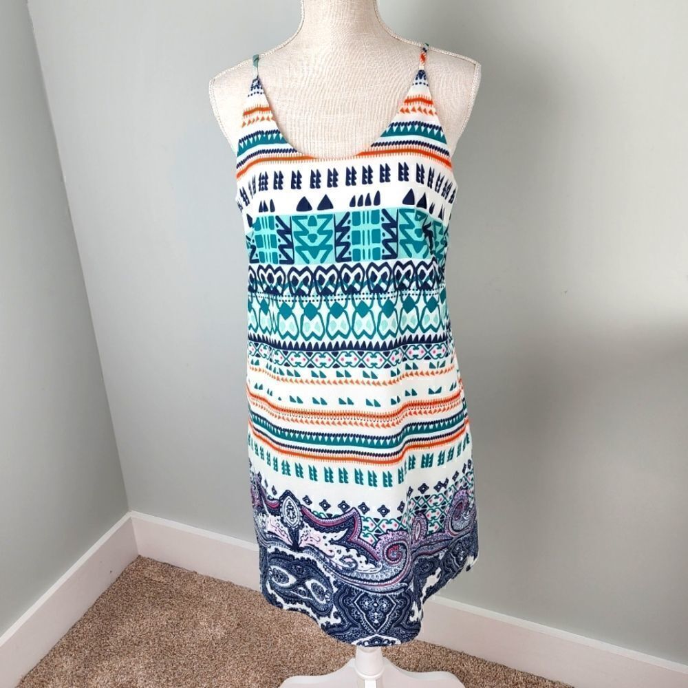 JOY JOY WOMEN'S PULL OVER SPAGETTI STRAPS AZTEC PRINT LINED DRESS SIZE SMALL